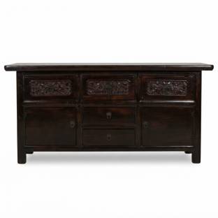Original Chinese Carved Elm Wood Low Sideboard Buffet