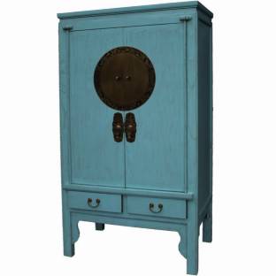 Blue Chinese Wedding Cabinet w/engraved Copper Round Plate