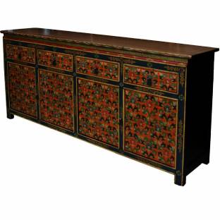 Long Tibetan Sideboard Credenza Painted Flora Motif