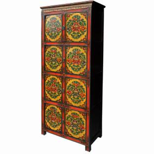 Tibetan Tall Orange and Yellow Cabinet w/ Flora Painting