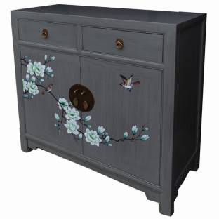 Chinese Elm Grey Cabinet w/ Painted Flower