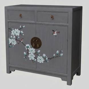 Chinese Elm Grey Cabinet w/ Painted Flower