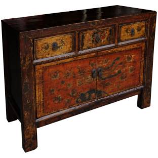 Original Shanxi Three Drawer Painted Mongolian Cabinet