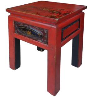 Red Side Table/Stool w/Carved and Painted Drawer 