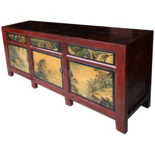 Antique Chinese Red Low Sideboard/TV Unit with Beautiful Paintings