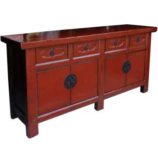 Antique Chinese Sideboard Red Patina w/ Carved Drawers