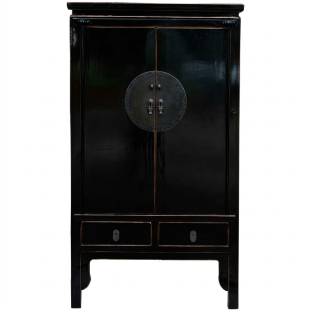 Black Chinese Wedding Cabinet w/Twelve Zodiac Embossed Bronze Plate 