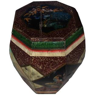 Chinese Octagonal Wooden Barrel with Lid and Paintings 