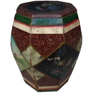 Chinese Octagonal Wooden Barrel with Lid and Paintings 