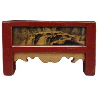 Chinese Rectangular Red Stool/Low Table w/Paintings