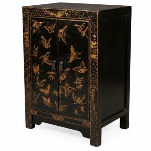 Chinese Bedside Table Cabinet Painted Gold Butterflies