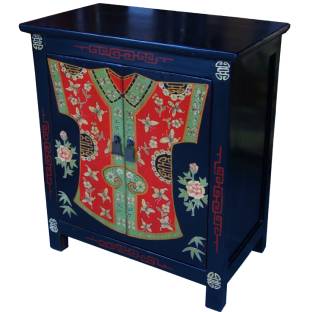 Chinese Bedside Table Cabinet Black w/Painted Qipao 