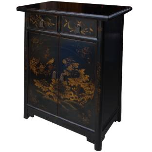 Chinese Black Tapered Bedside Table Cabinet w/Gold Paintings 