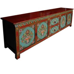 Low Tibetan Sideboard Red Top & Frame with Blue Doors Painted Flora 
