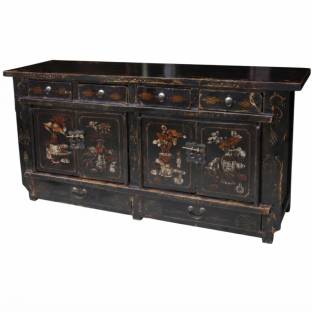 Antique Chinese Old Black Sideboard w/Paintings