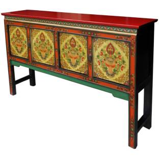 Tibetan Four Door Console Hall Table Red and Yellow w/Painted Flora