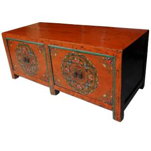 Tibetan Low Sideboard  Hand Painted Flora and Symbols 