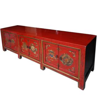Red Tibetan Low Sideboard Hand Painted Buddhism Symbols  