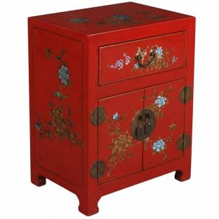 Chinese Red Flower Painted Bedside