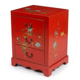 Red Flower Painted Three-Drawer Bedside