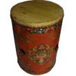 Tibetan Wood and Leather Drum Side Table Flora Painted