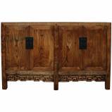 Antique Natural Elm Chinese Sideboard w/ Carvings