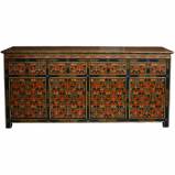 Long Tibetan Sideboard Credenza Painted Flora Motif