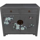 Chinese Elm Grey Cabinet w/ Painted Flower