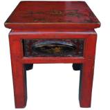 Red Side Table/Stool w/Carved and Painted Drawer 