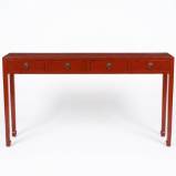 Red Lacquered Four Drawers Narrow Console Table 