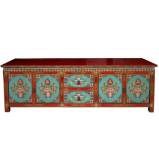 Low Tibetan Sideboard Red Top & Frame with Blue Doors Painted Flora 