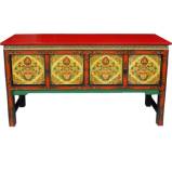 Tibetan Four Door Console Hall Table Red and Yellow w/Painted Flora