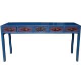 Chinese Five Drawers Console Table Blue Frame Carved Drawers 