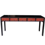 Chinese Four Drawers Console Table Black Frame Red Carved Drawers