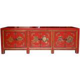 Red Tibetan Low Sideboard Hand Painted Buddhism Symbols  