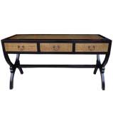 Chinese Black Rattan Inlay Scissors Legs Desk/Hall Table